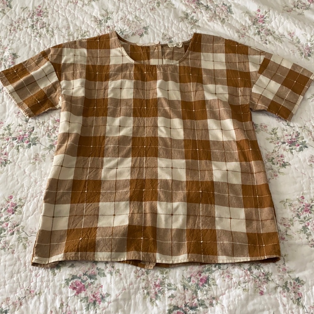 Caramel/Cream Plaid Roolee Short Sleeve Top